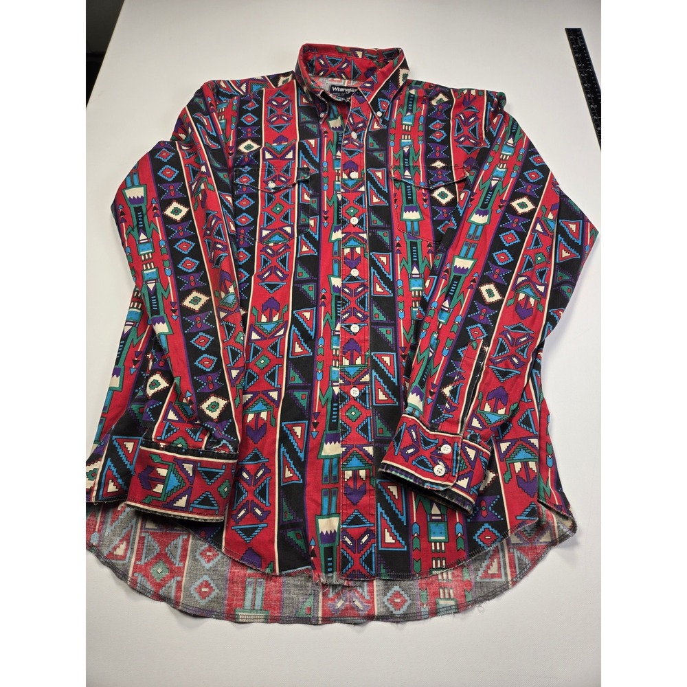 Wrangler Cowboy Cut Shirt Mens 16.5-35 Red Southwestern Geometric Frayed Hem